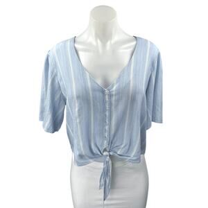 Nordstrom BP Blue White Striped Short Sleeve Tie Hem Cropped Blouse Top Size L